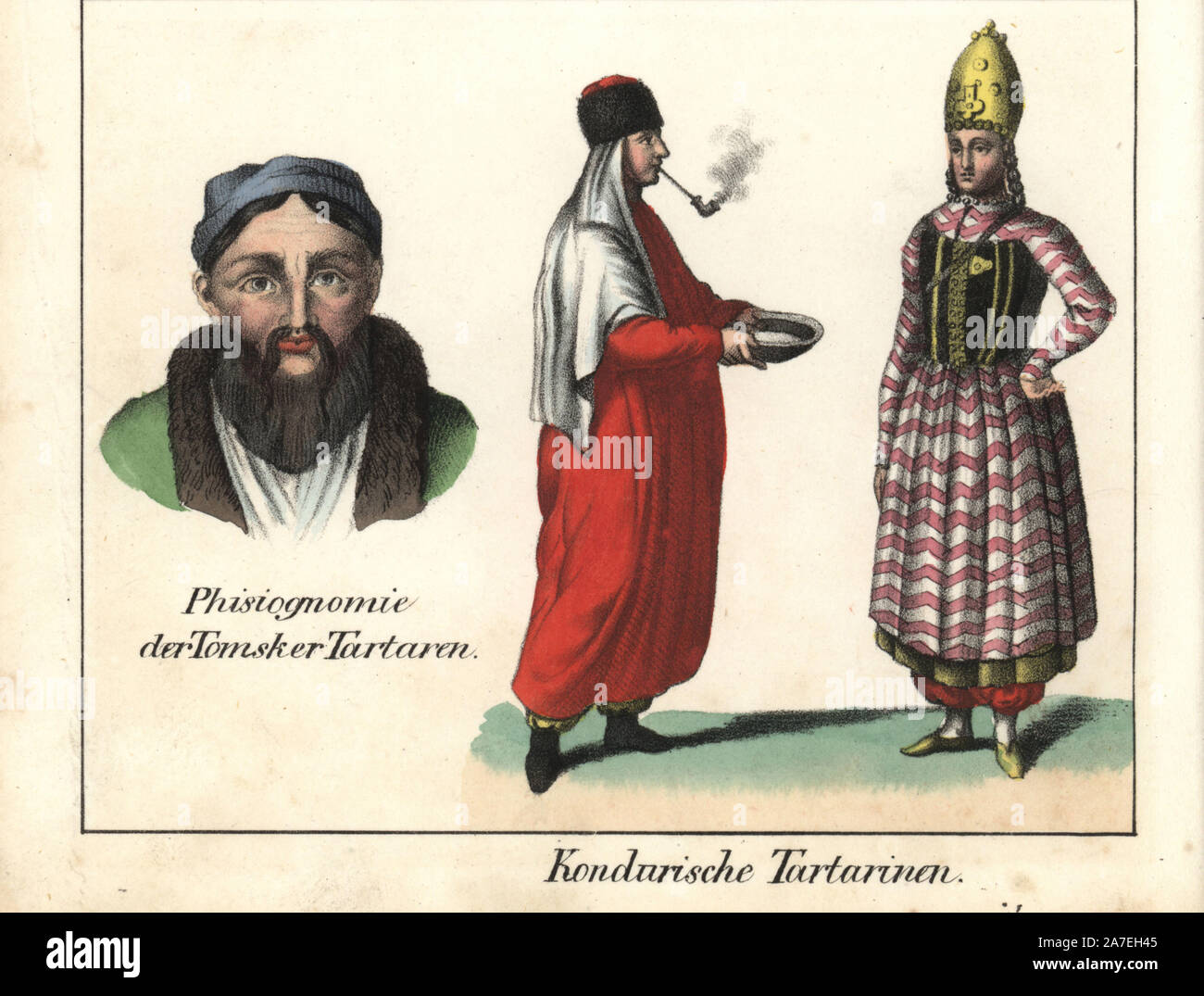 Tatar women smoking a pipe and wearing a mitre from Condara? and the physiognomy of a Tomsk Tatar man. Handcoloured lithograph from Friedrich Wilhelm Goedsche's "Vollstaendige Völkergallerie in getreuen Abbildungen" (Complete Gallery of Peoples in True Pictures), Meissen, circa 1835-1840. Goedsche (1785-1863) was a German writer, bookseller and publisher in Meissen. Many of the illustrations were adapted from Bertuch's "Bilderbuch fur Kinder" and others. Stock Photo