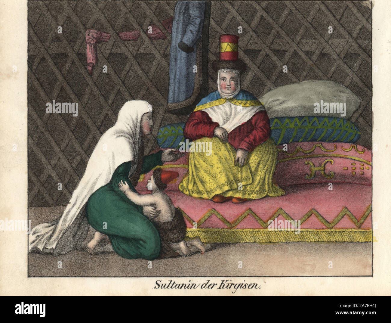 Kyrgyz sultana seated on a carpet and mattress inside a gher with woman and child. Handcoloured lithograph from Friedrich Wilhelm Goedsche's 'Vollstaendige Völkergallerie in getreuen Abbildungen' (Complete Gallery of Peoples in True Pictures), Meissen, circa 1835-1840. Goedsche (1785-1863) was a German writer, bookseller and publisher in Meissen. Many of the illustrations were adapted from Bertuch's 'Bilderbuch fur Kinder' and others. Stock Photo
