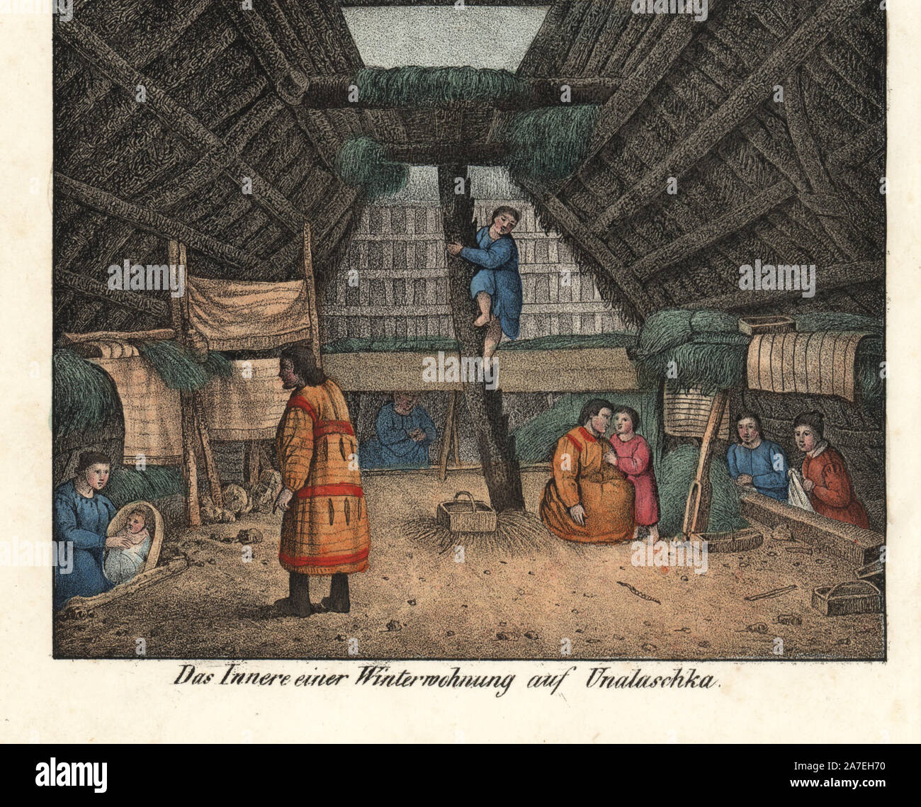 Inside an Aleut wooden winter house on the island of Unalaska. Men and women drying crops, sewing, and tending to children in papoose. Handcoloured lithograph from Friedrich Wilhelm Goedsche's 'Vollstaendige Völkergallerie in getreuen Abbildungen' (Complete Gallery of Peoples in True Pictures), Meissen, circa 1835-1840. Goedsche (1785-1863) was a German writer, bookseller and publisher in Meissen. Many of the illustrations were adapted from Bertuch's 'Bilderbuch fur Kinder' and others. Stock Photo