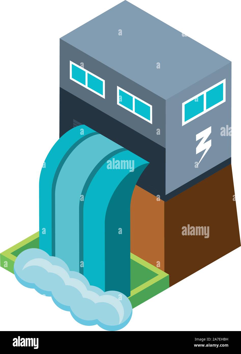 hydroelectric dam generating power and electricity with falling water, sun and clouds vector