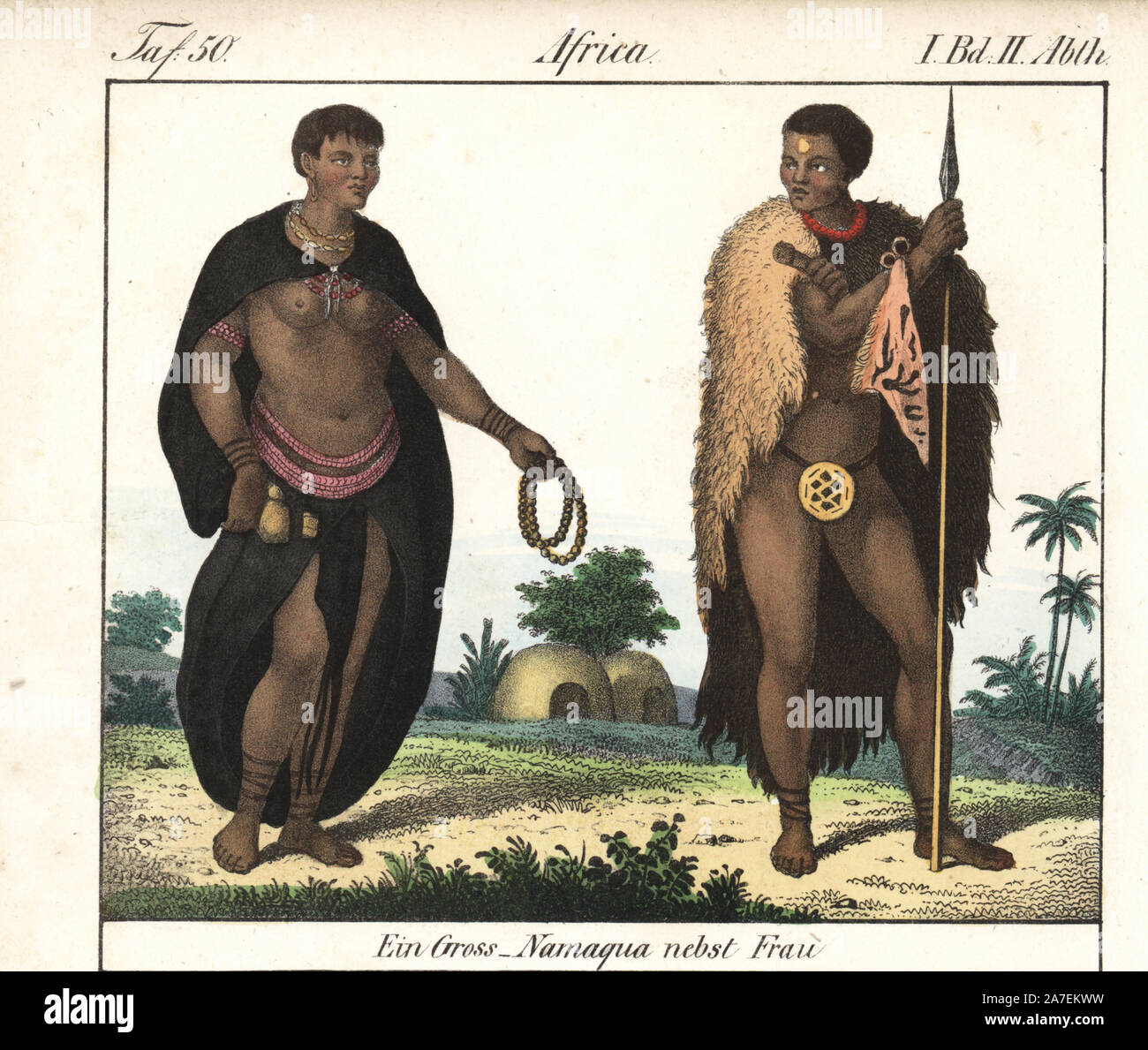 Nama man of South Africa in fur cape, codpiece and hold spear, and Nama
