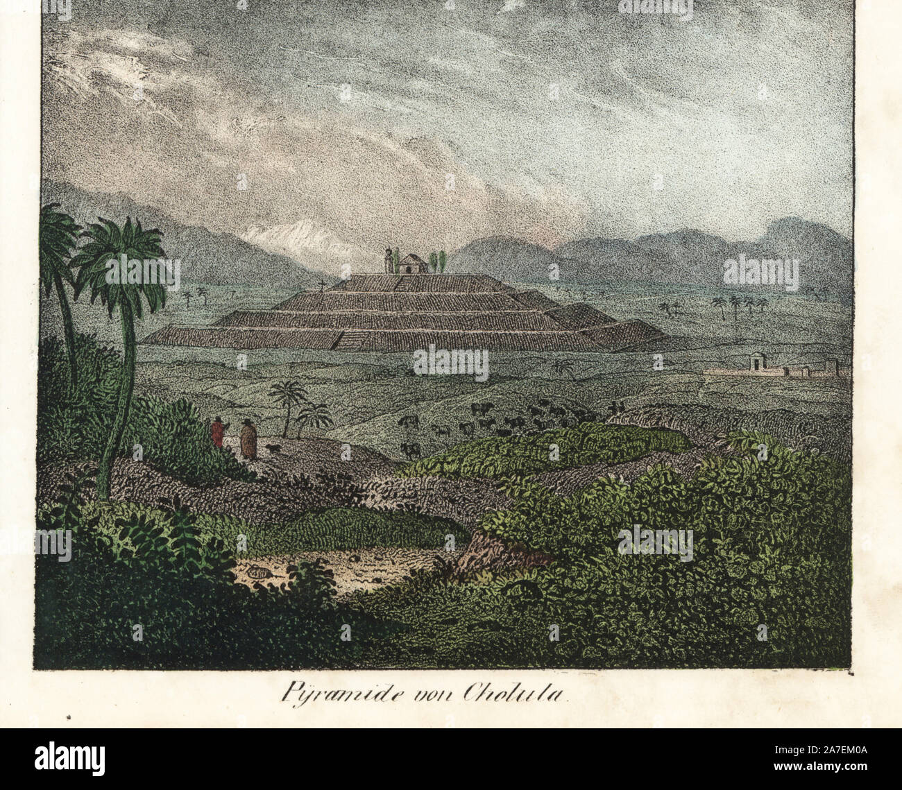 Great Pyramid of Cholula or Tlachihualtepetl dedicated to the god Quetzalcoatl in Mexico. Handcoloured lithograph from Friedrich Wilhelm Goedsche's 'Vollstaendige Völkergallerie in getreuen Abbildungen' (Complete Gallery of Peoples in True Pictures), Meissen, circa 1835-1840. Goedsche (1785-1863) was a German writer, bookseller and publisher in Meissen. Many of the illustrations were adapted from Bertuch's 'Bilderbuch fur Kinder' and others. Stock Photo