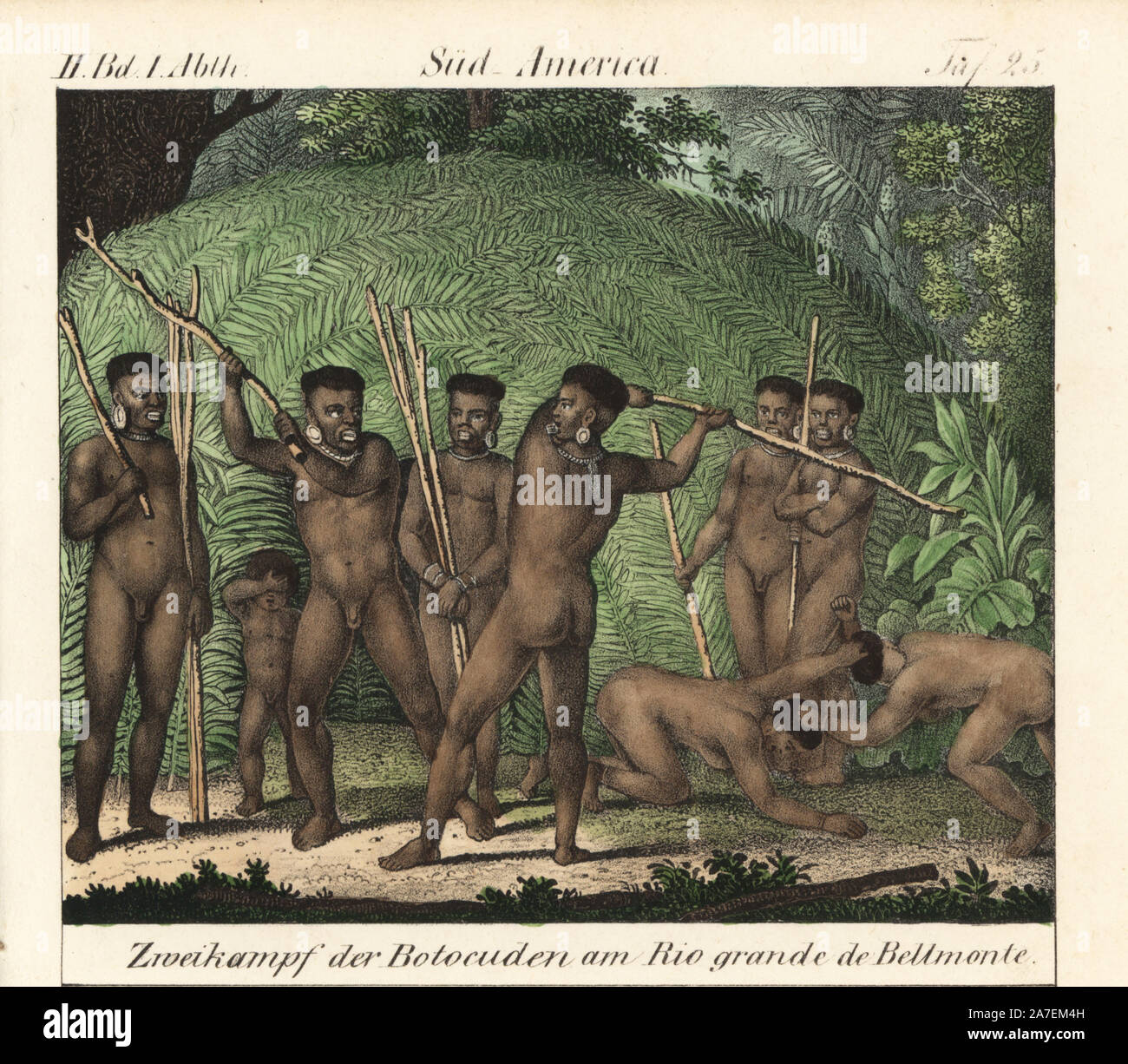 Territorial duels between Botocudo tribesmen including wrestling and stick fighting to decide hunting ground violation. River Belmonte, Bahia, Brazil, South America. Illustration from Maximilian von Wied-Neuwied's 'Travels in Brazil, 1815-1817.' Handcoloured lithograph from Friedrich Wilhelm Goedsche's 'Vollstaendige Völkergallerie in getreuen Abbildungen' (Complete Gallery of Peoples in True Pictures), Meissen, circa 1835-1840. Goedsche (1785-1863) was a German writer, bookseller and publisher in Meissen. Stock Photo