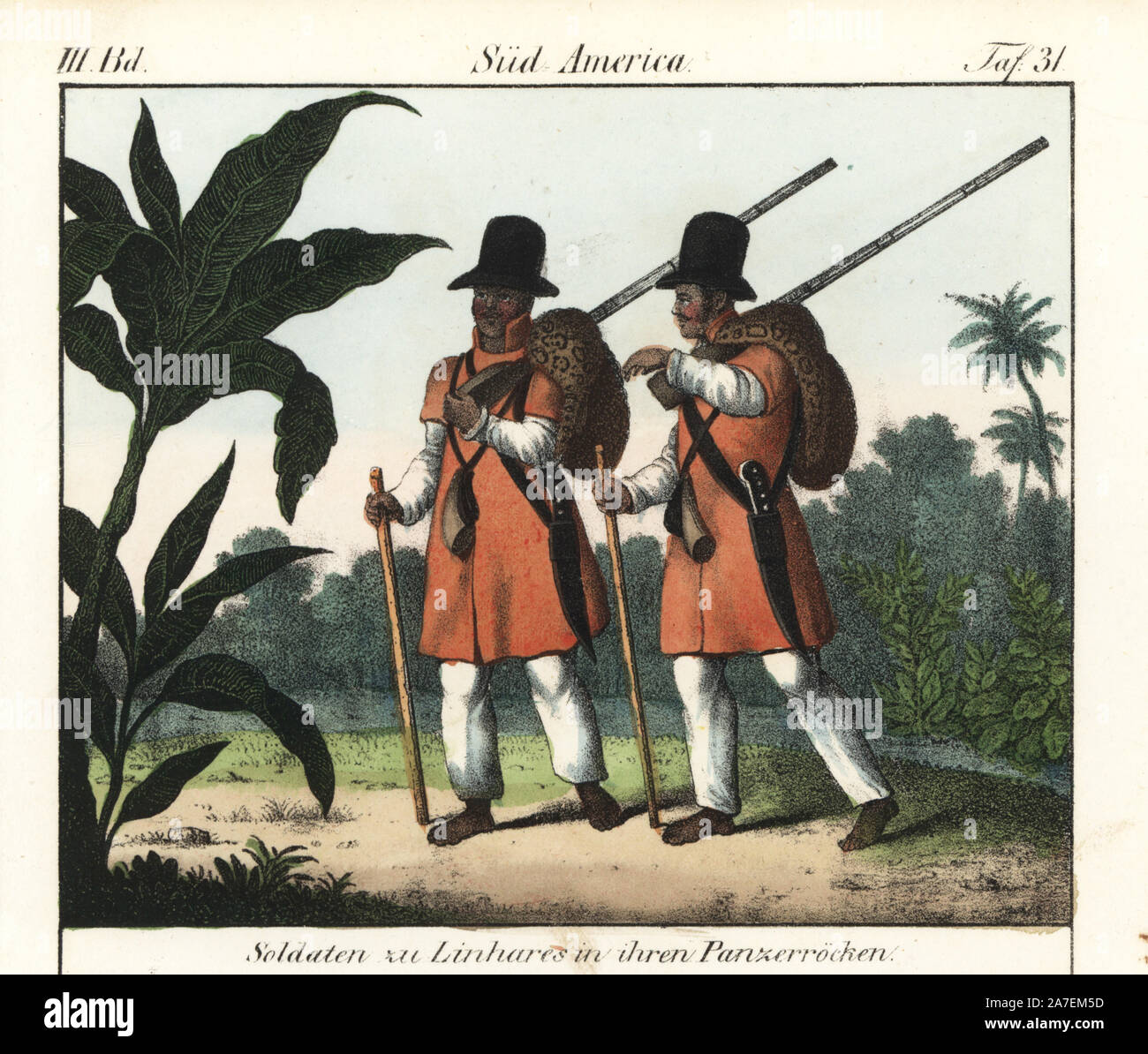 Soldiers of Linhares, Brazil, in uniform: trousers, coat, hat and ocelot skin, with musket, powder horn, knife and stick. Handcoloured lithograph from Friedrich Wilhelm Goedsche's 'Vollstaendige Völkergallerie in getreuen Abbildungen' (Complete Gallery of Peoples in True Pictures), Meissen, circa 1835-1840. Goedsche (1785-1863) was a German writer, bookseller and publisher in Meissen. Illustration adapted from Maximilian von Wied-Neuwied's 'Travels in Brazil, 1815-1817.' Stock Photo