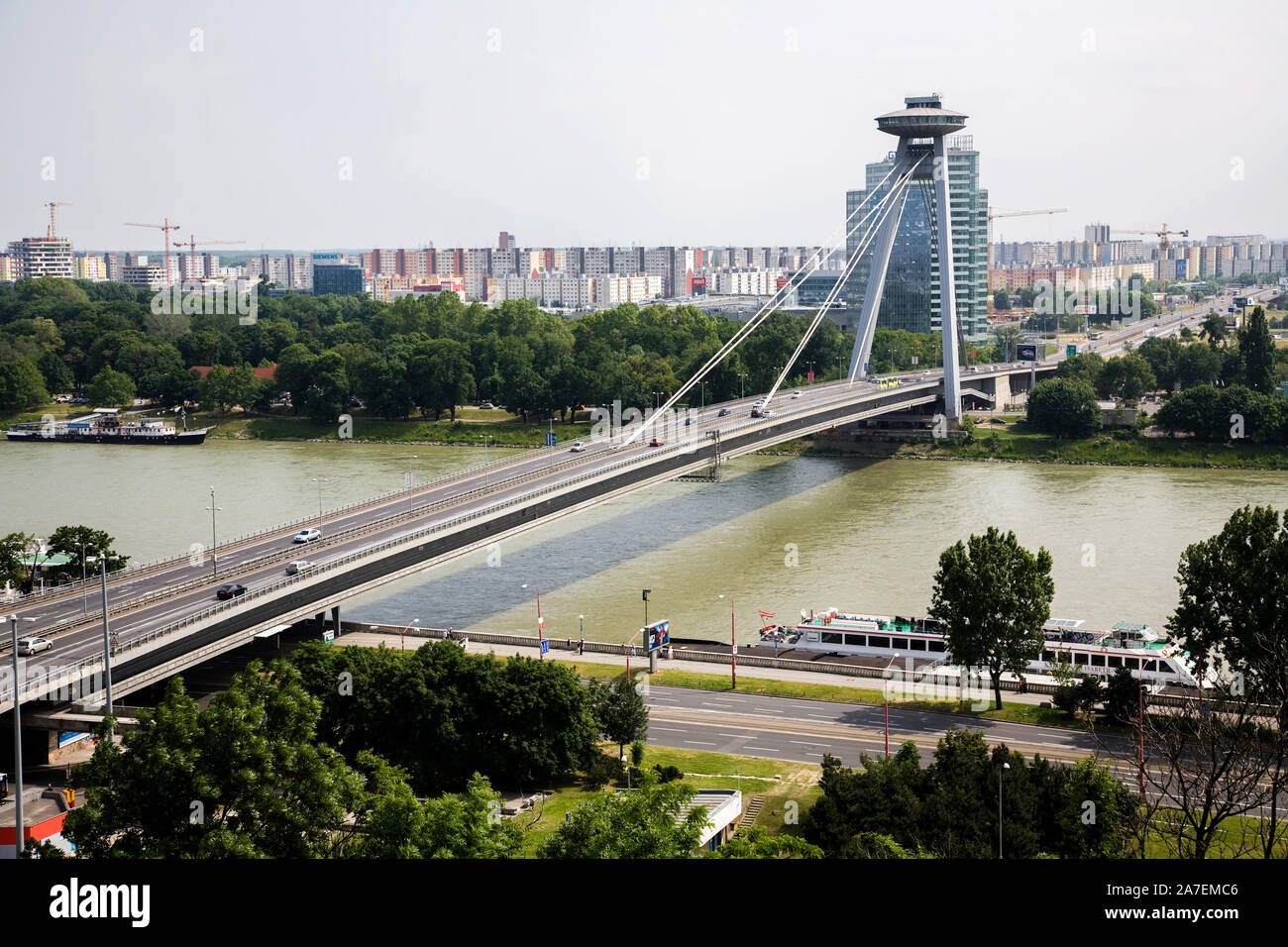 The New Bridge (Novy Most) spans across the Danube River in Bratislava Slovakia Stock Photo