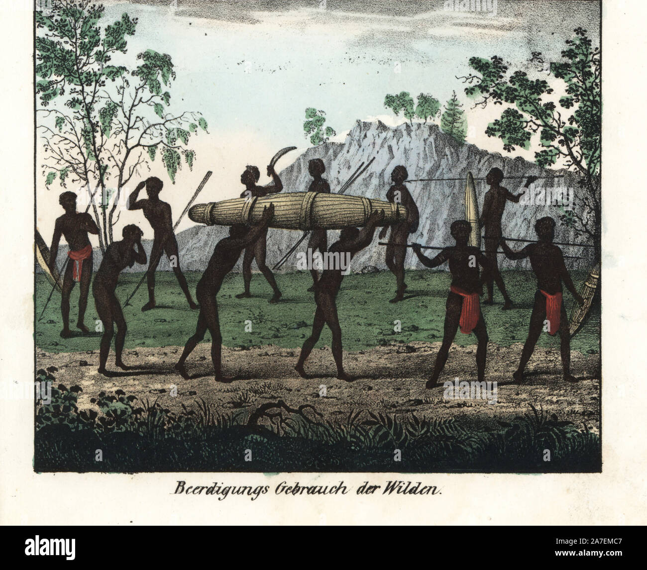 Australian aborigine funeral ceremony from Port Jackson: warriors with spears and knives lead the funeral procession with two men carrying a corpse in winding cloth in front of a mourning woman. Handcoloured lithograph from Friedrich Wilhelm Goedsche's 'Vollstaendige Völkergallerie in getreuen Abbildungen' (Complete Gallery of Peoples in True Pictures), Meissen, circa 1835-1840. Goedsche (1785-1863) was a German writer, bookseller and publisher in Meissen. From an original illustration by Marchais from unknown French publication. Stock Photo