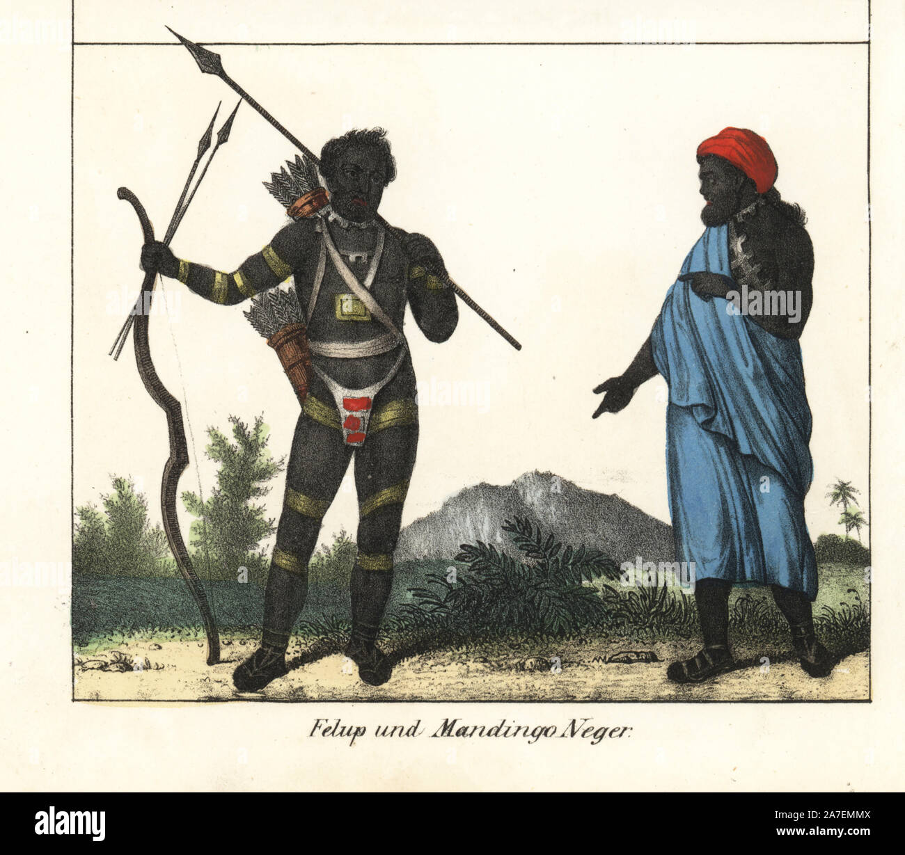 Fulup man in loin cloth and gold leg and arm bands with quivers, spears, bow and arrow, and a bearded Mandingo man in robe and turban. Handcoloured lithograph from Friedrich Wilhelm Goedsche's 'Vollstaendige Völkergallerie in getreuen Abbildungen' (Complete Gallery of Peoples in True Pictures), Meissen, circa 1835-1840. Goedsche (1785-1863) was a German writer, bookseller and publisher in Meissen. Many of the illustrations were adapted from Bertuch's 'Bilderbuch fur Kinder' and others. Stock Photo