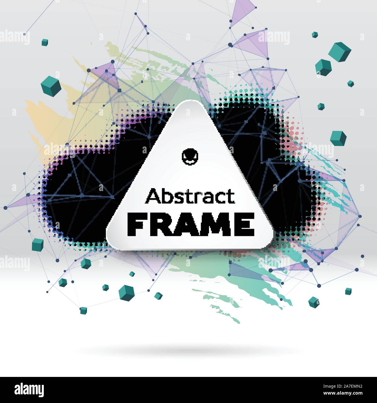 Background with brush stroke, blot, triangular grid and frame Stock Vector