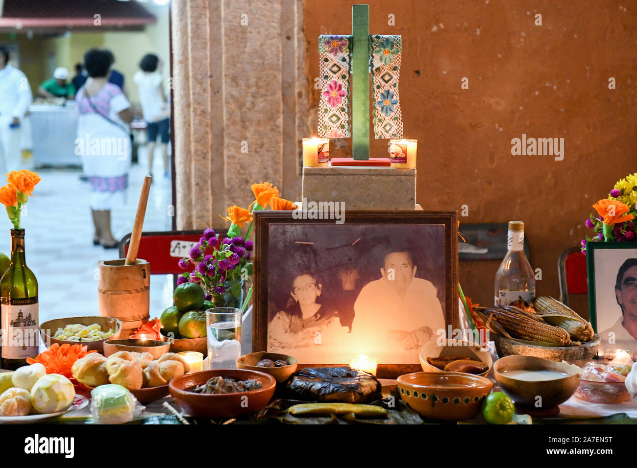 Family altar set up for  Hanal Pixan which is the celebration of the Day of the Dead that originated from Mayan culture. Merida, Yucatan, Mexico Stock Photo