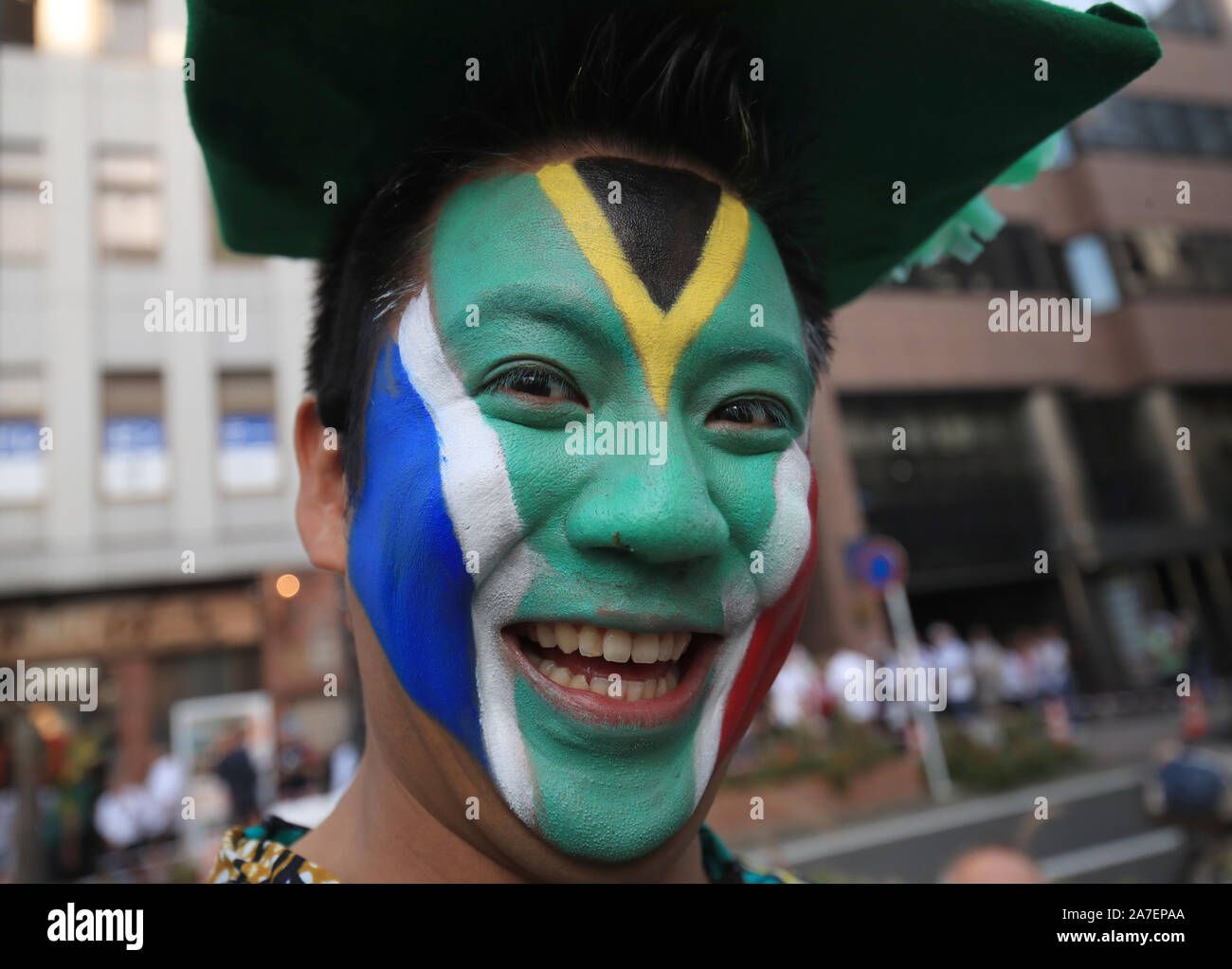 A South Africa fan before the 2019 Rugby World Cup final match at Yokohama Stadium. Stock Photo