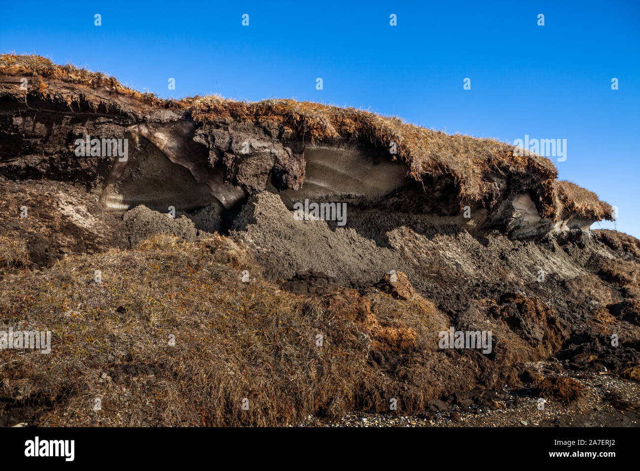 Exposed arctic permafrost at the edge of tundra cliffside as it erodes into Kotzebue Sound, in the Alaskan Arctic. Stock Photo