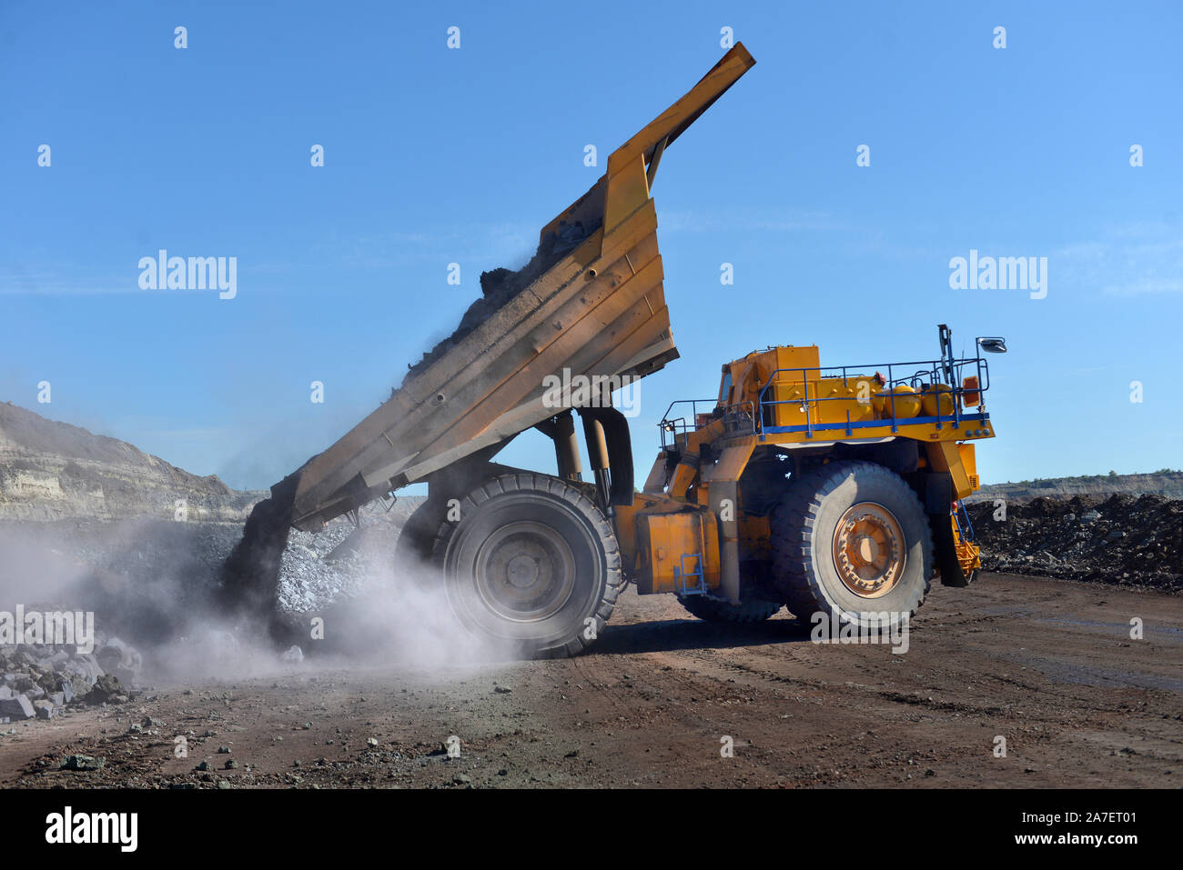 Backloading Mining large mining loader unloads extracted ore or rock. View from the back ...