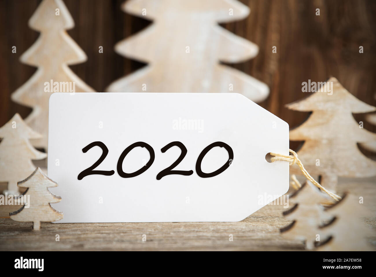 White Christmas Tree, One Label With Text 2020 Stock Photo