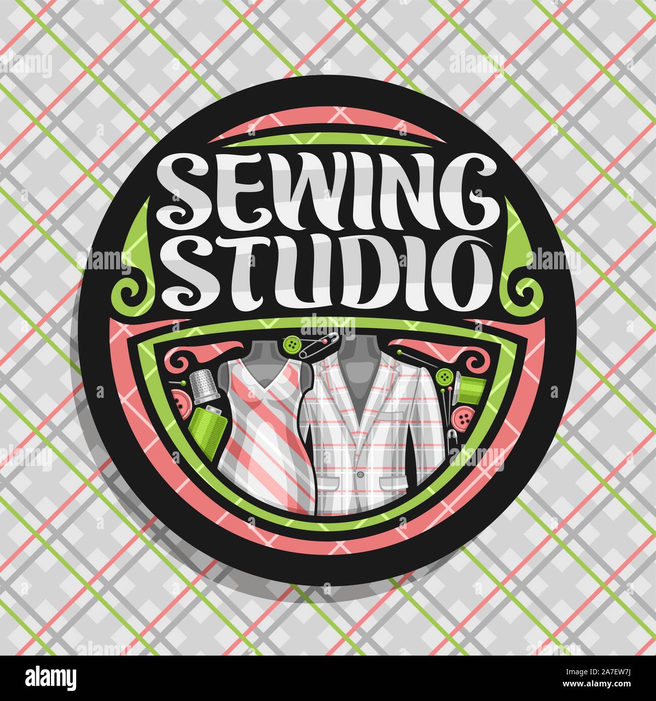 Vector logo for Sewing Studio, black round signboard with flourishes, sewing tools, elegant mens blazer and female dress on dummy, brush lettering for Stock Vector