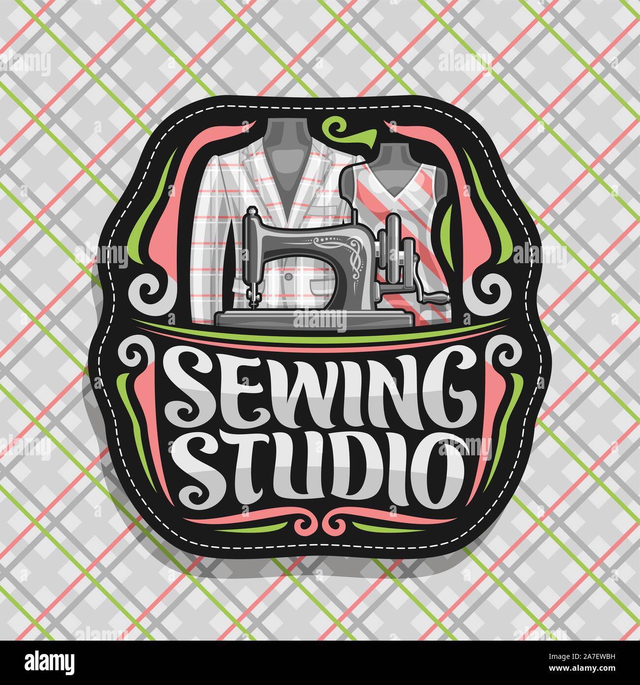 Vector logo for Sewing Studio, black decorative signboard with flourishes, old sewing machine, mens blazer and female dress on dummies, brush letterin Stock Vector