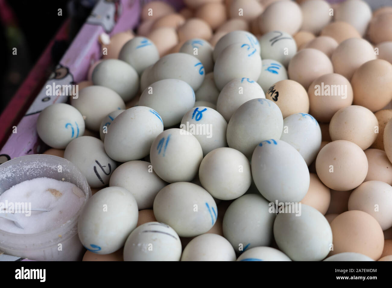 Common street food in the Philippines known as  Balut,a boiled  fertilized 16-18 day old Duck embryo. The delicacy is normally eaten warm with vinegar Stock Photo