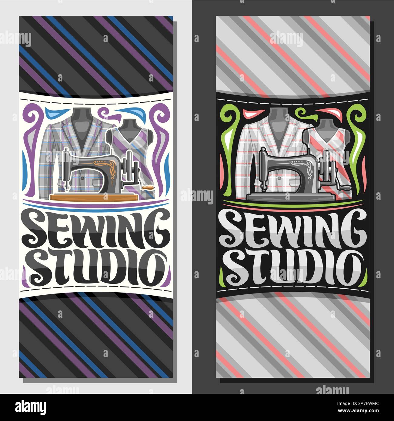 Vector banners for Sewing Studio, template with flourishes, old sewing