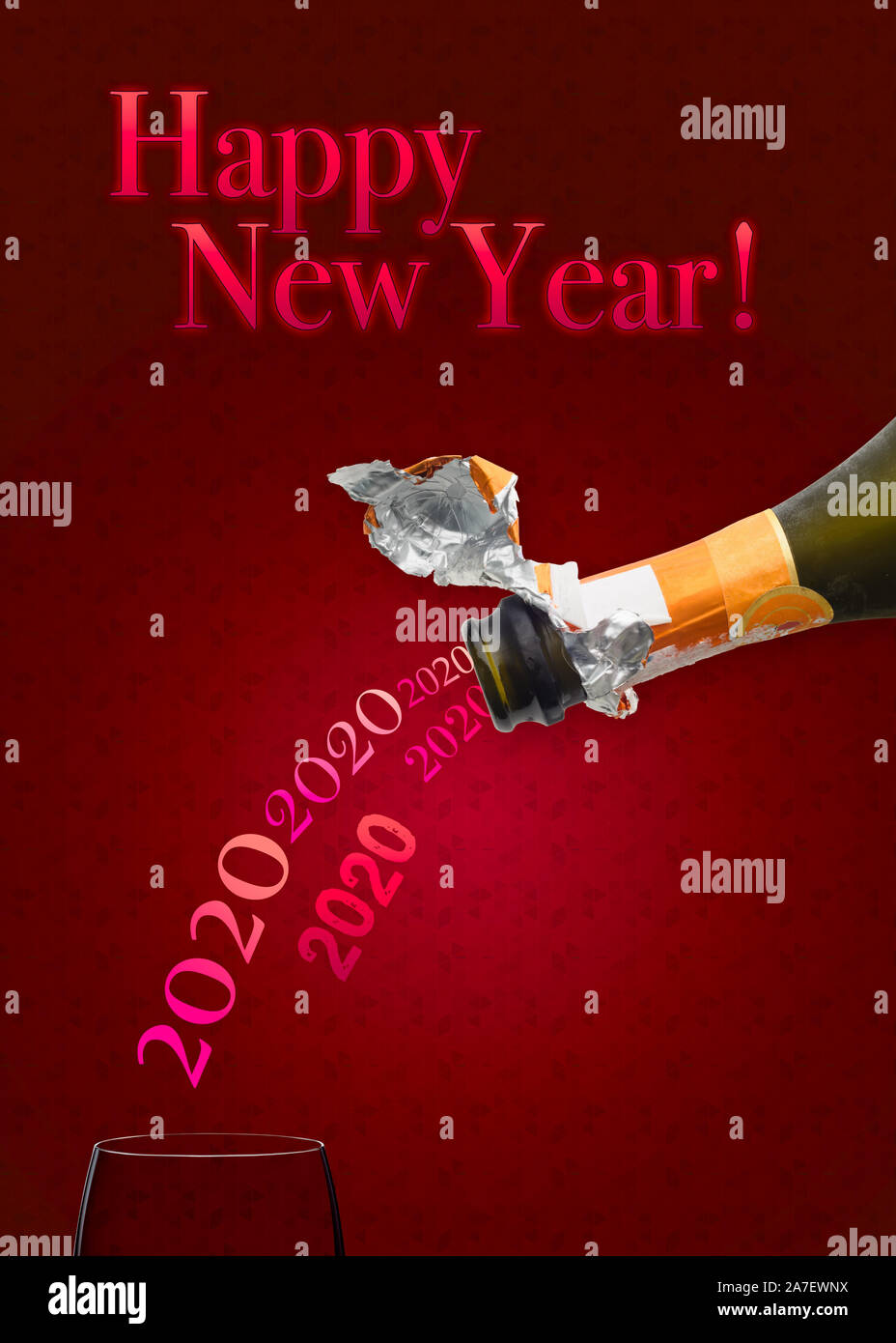 Bottle of Champagne wine pouring 2020 in a glass for new year two thousand eighteen Stock Photo