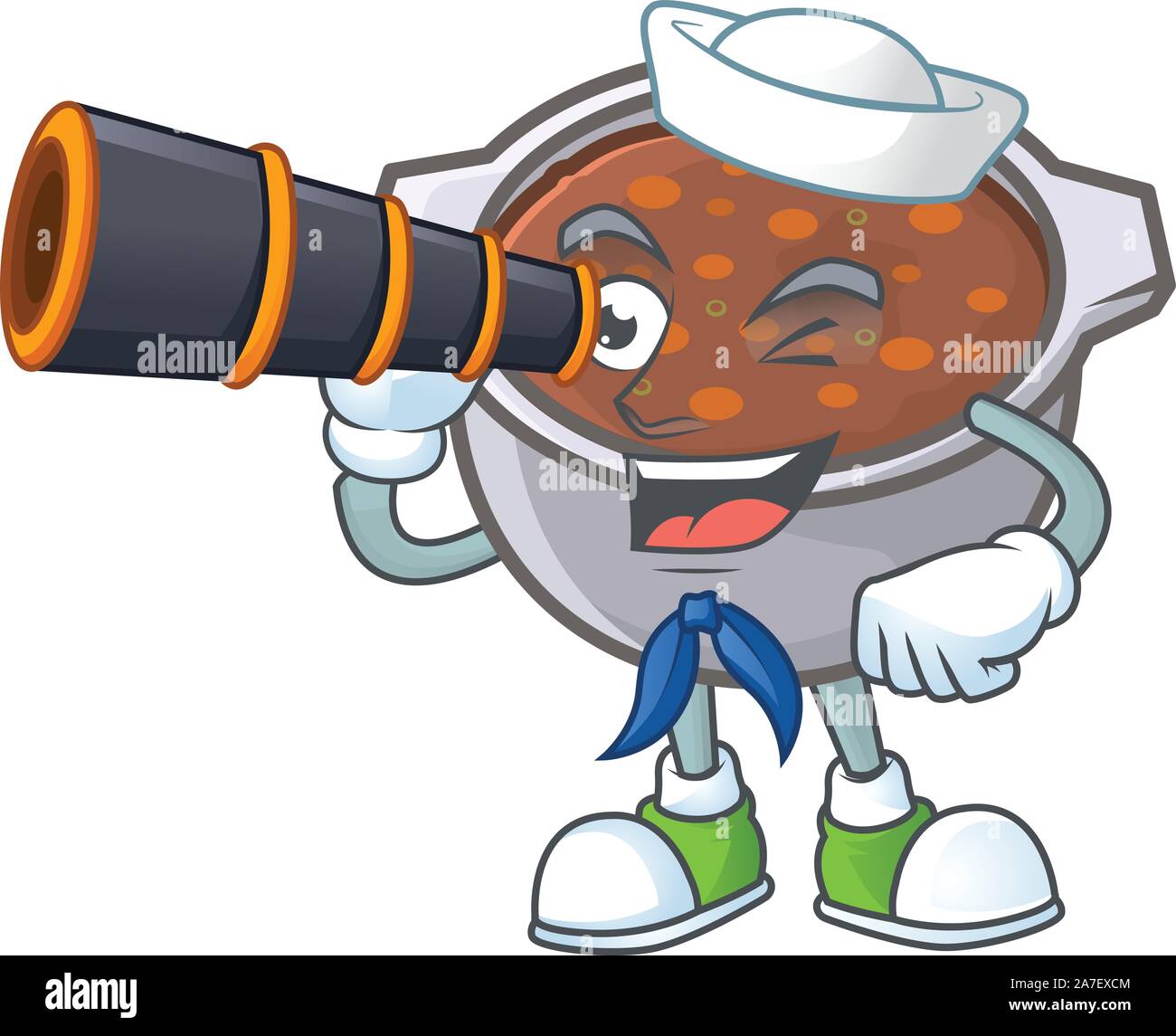baked beans with sailor holding binocular on white background Stock