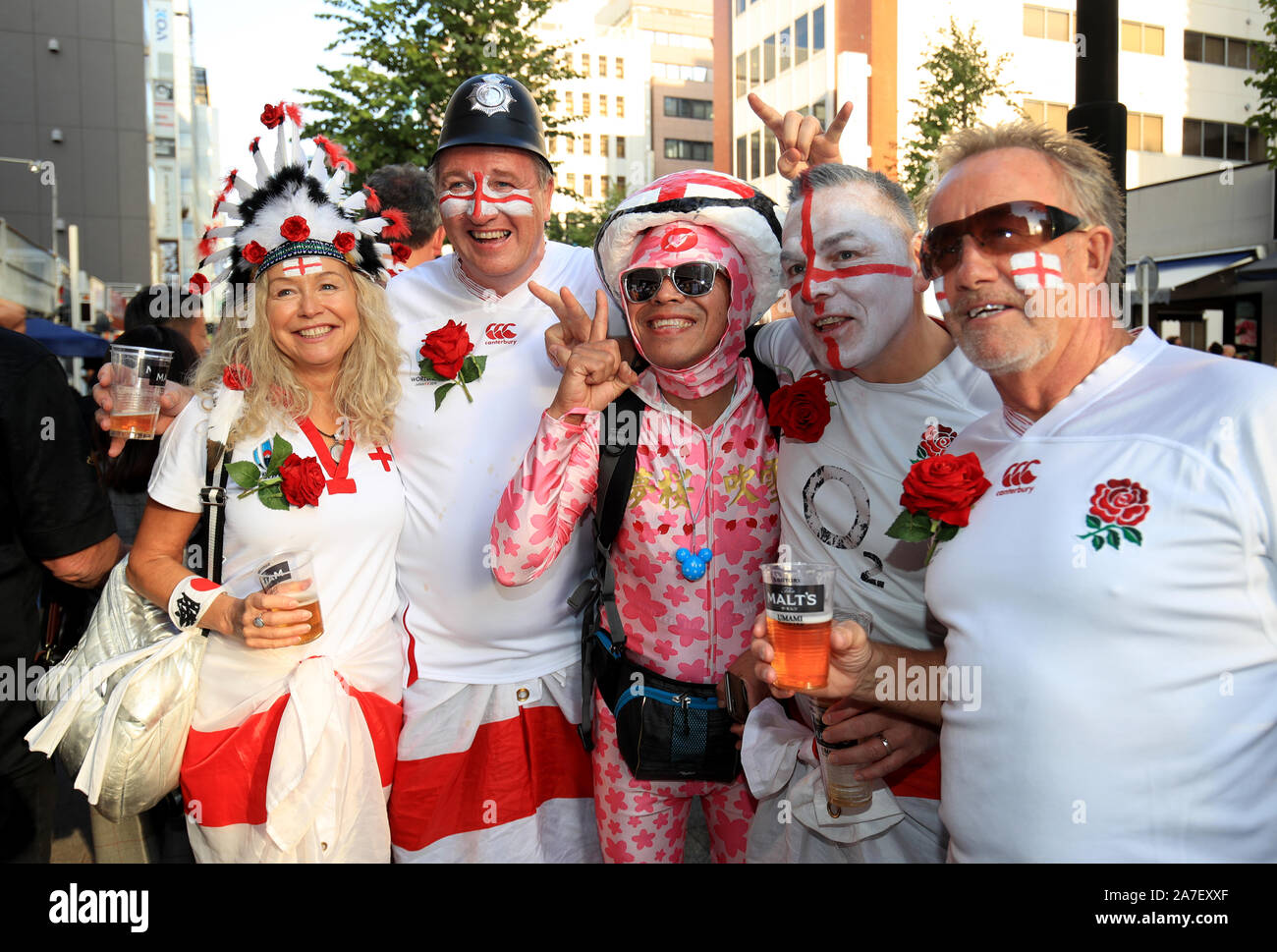 England fans show their support ahead of the 2019 Rugby World Cup final match at Yokohama Stadium. Stock Photo