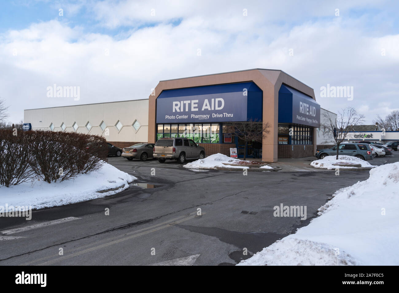 UTICA, NEW YORK - MAR 04, 2019: Winter View of Rite Aid Pharmacy Exterior, Located at 1924 Genesee St, Utica, NY 13502. Rite Aid is a Drugstore Chain Stock Photo