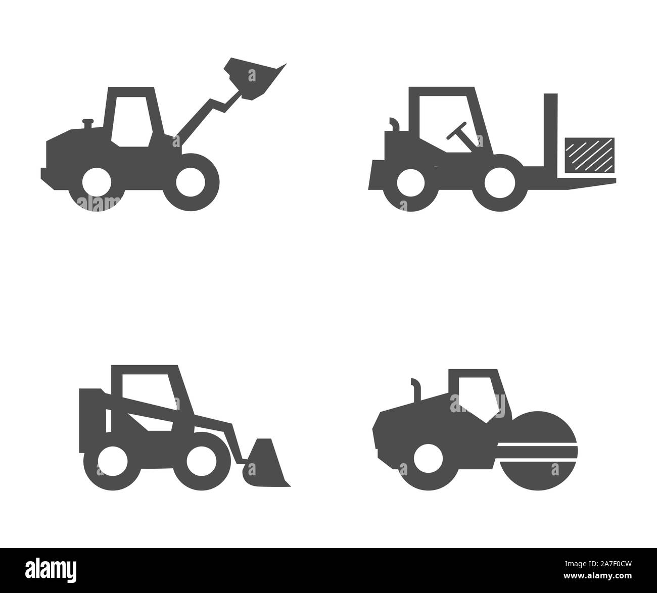 Filled silhouette of construction machinery. Icon set, flat design. Stock Vector