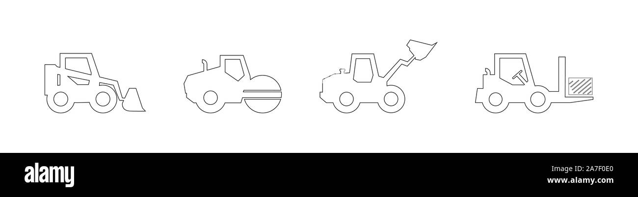 Linear silhouette of construction machinery. Icon set, flat design. Stock Vector