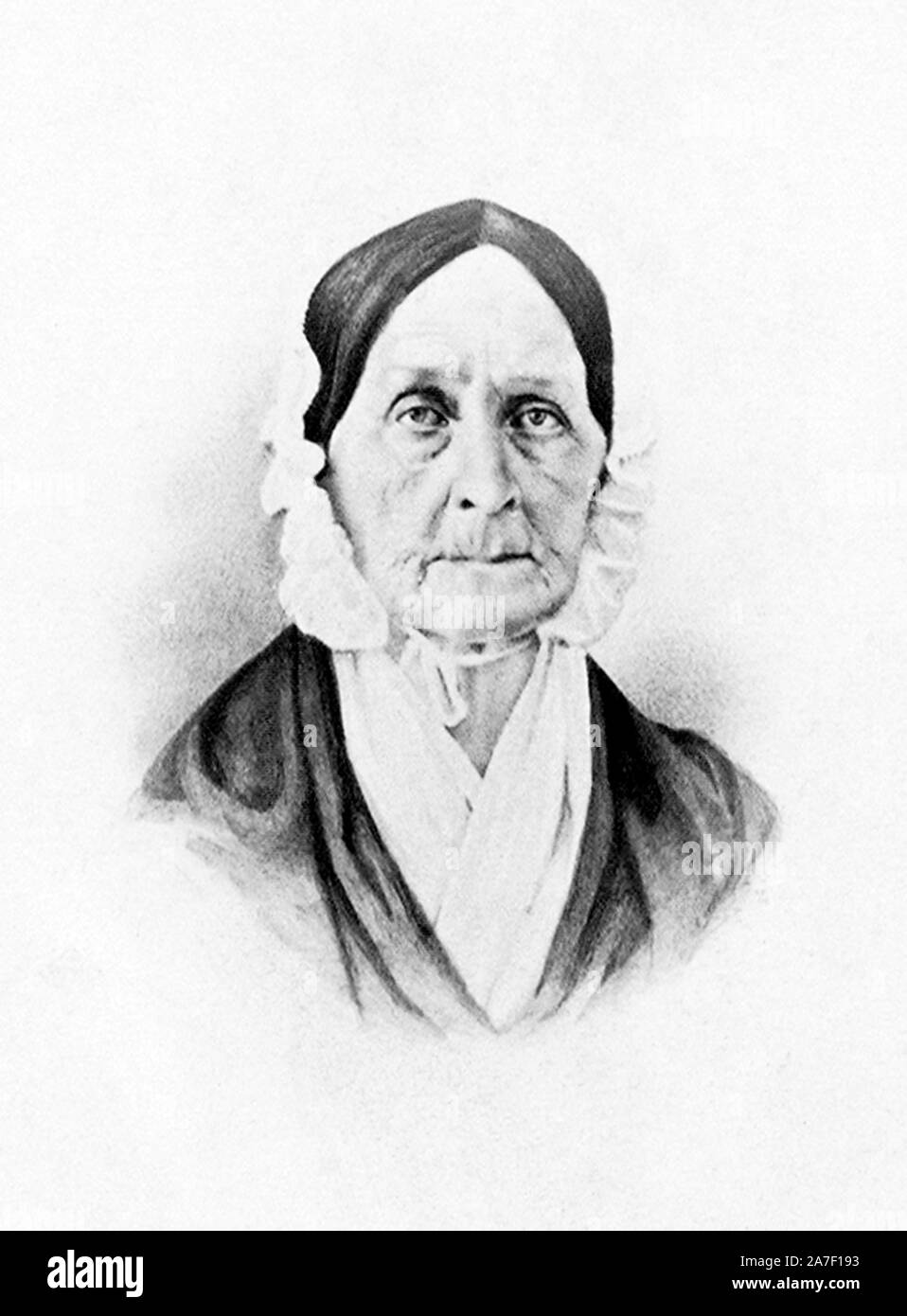 Vintage portrait photo of Barbara Frietchie (1766 – 1862), the elderly Unionist who became part of American Civil War folklore thanks to a popular poem by John Greenleaf Whittier. Legend has it that Frietchie (also spelt Fritchie or Frietschie) waved a Union flag from her attic window at occupying Confederate forces in Frederick, Maryland, in September 1862 and declared: 'Shoot, if you must, this old gray head, but spare your country's flag.' Photo circa 1862 by Brady & Co. Stock Photo