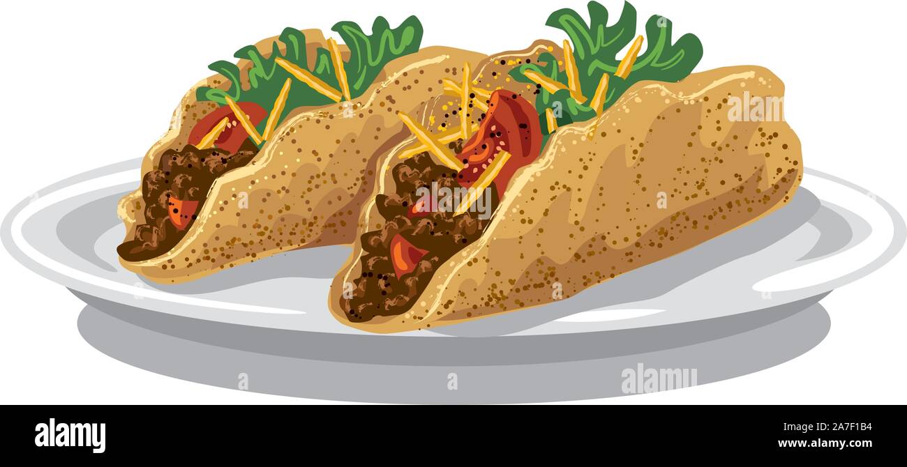 illustration of tacos with meat mince, tomatoes and fried potatoes Stock Vector