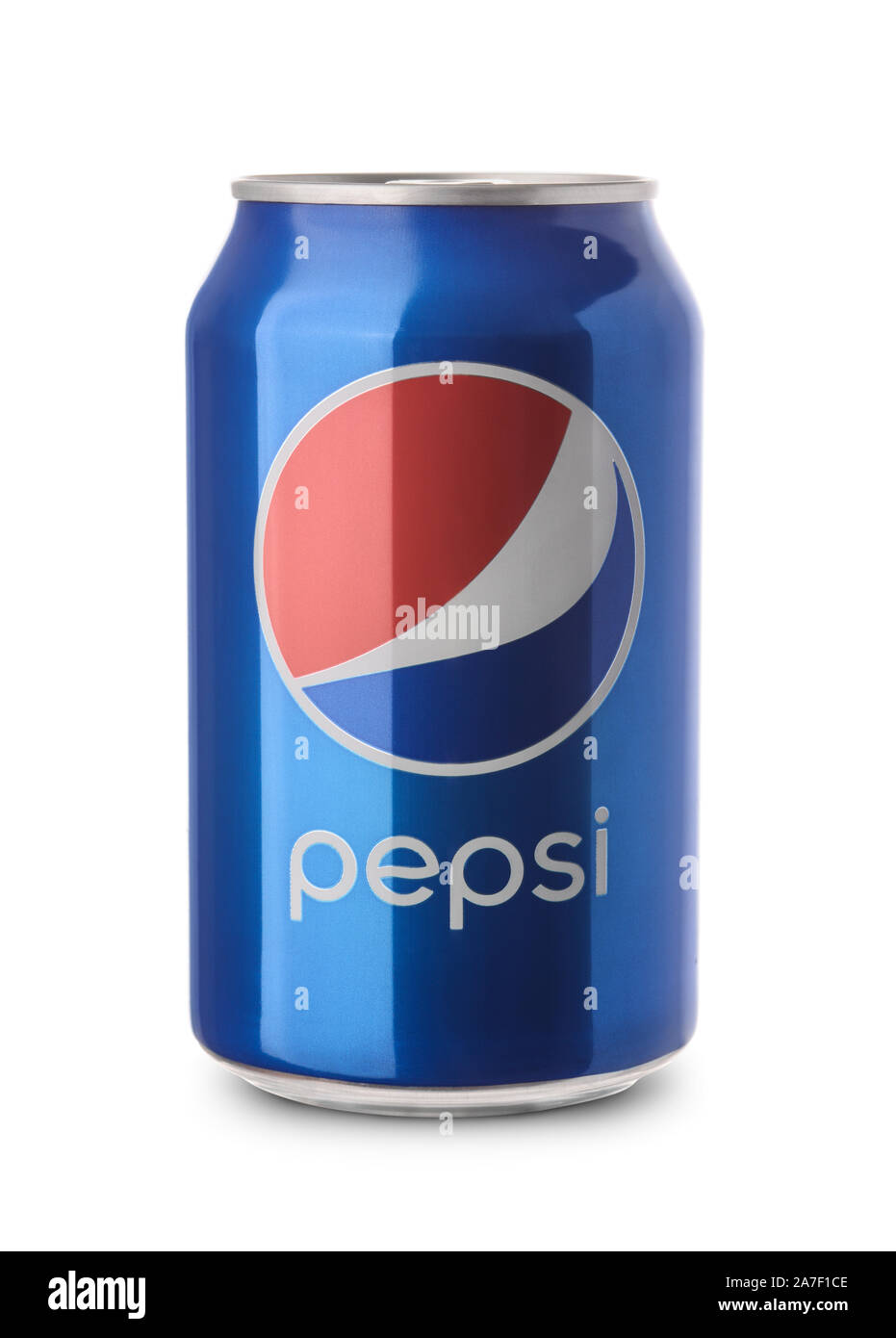Samara, Russia - February 26, 2016: A product shot of an unopened  can of Pepsi isolated on white background. Pepsi is manufactured by Pepsico Inc. Stock Photo