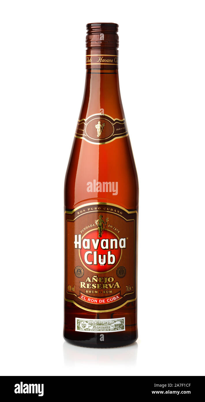 Samara, Russia - May 11, 2017. Bottle of Havana Club Anejo Reserva amber rum Stock Photo
