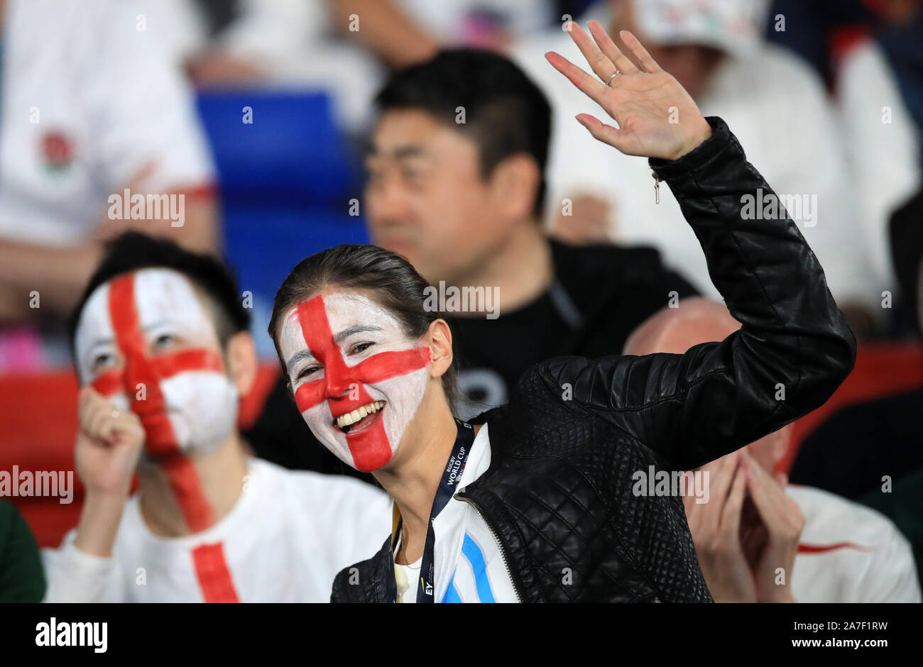 England fans show their support in the stands ahead of the 2019 Rugby World Cup final match at Yokohama Stadium. Stock Photo