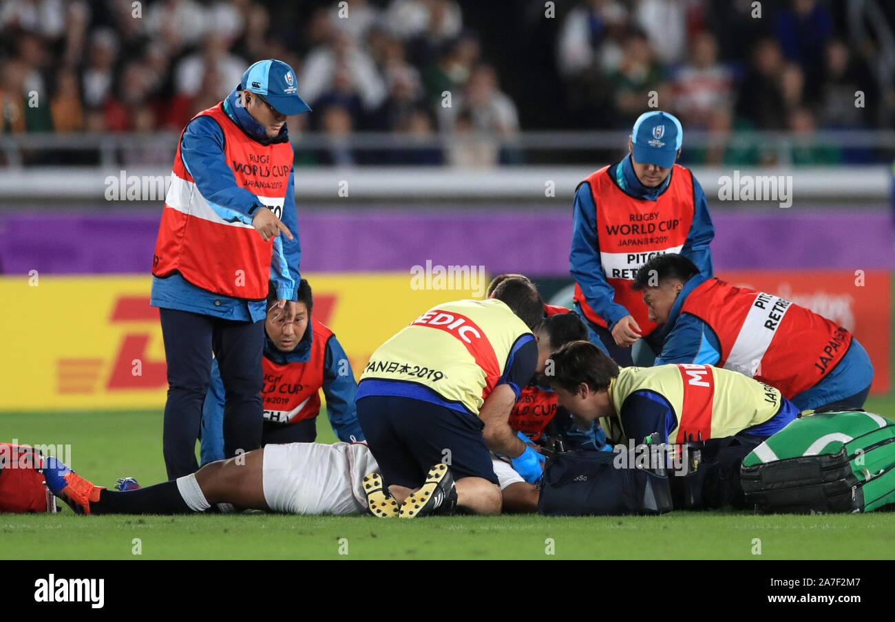 England's Kyle Sinckler receieves medical attention during the 2019 Rugby World Cup final match at Yokohama Stadium. Stock Photo