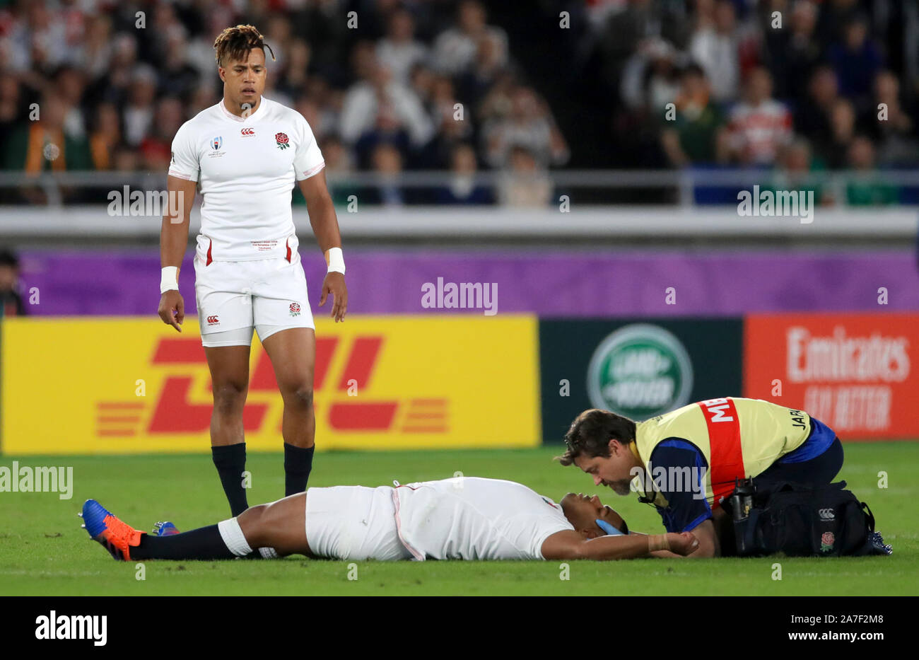 England's Kyle Sinckler receieves medical attention during the 2019 Rugby World Cup final match at Yokohama Stadium. Stock Photo