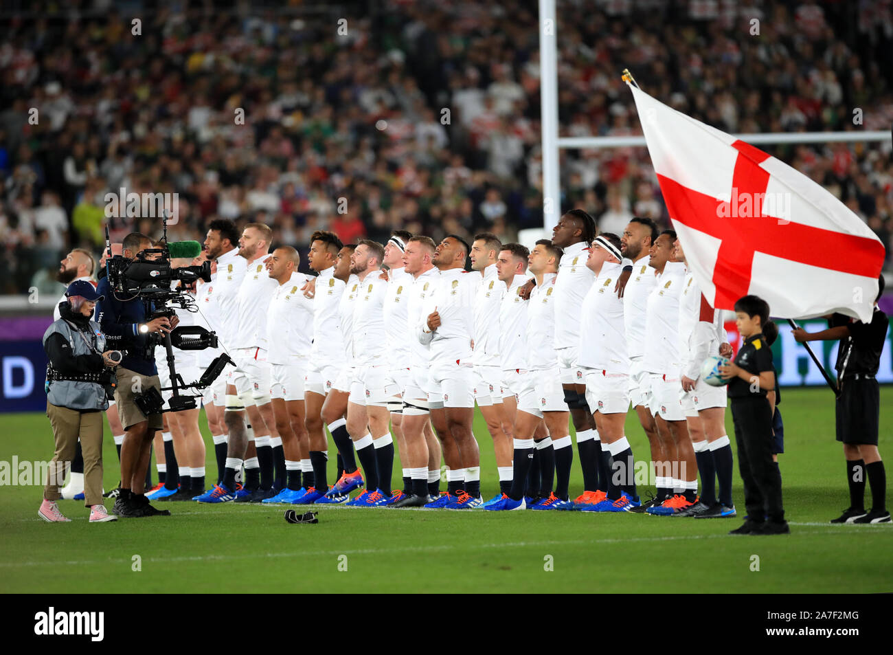 England players line up ahead of the 2019 Rugby World Cup final match at Yokohama Stadium. Stock Photo