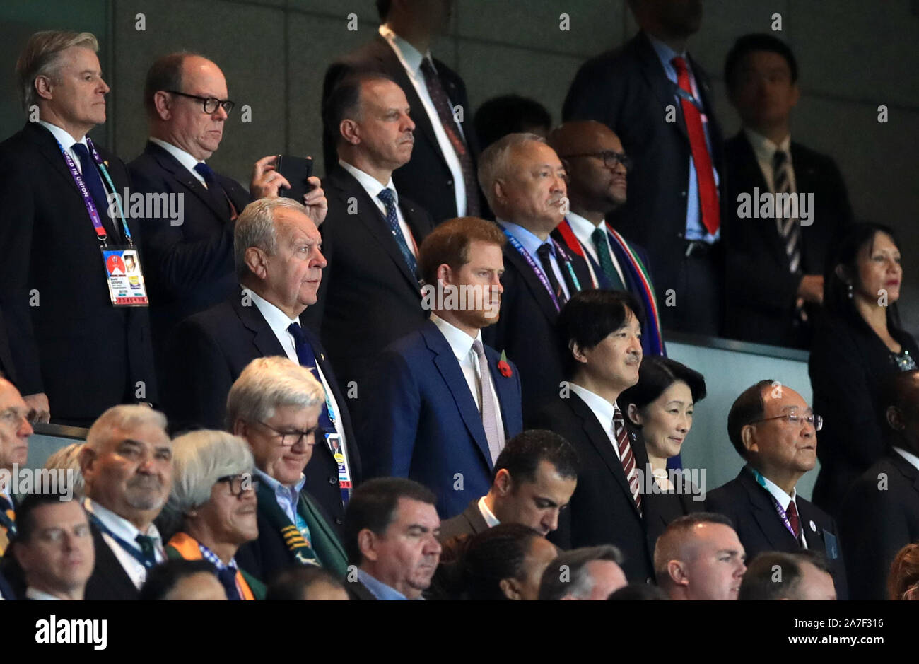 The Duke of Sussex in the stands during the 2019 Rugby World Cup final match at Yokohama Stadium. Stock Photo