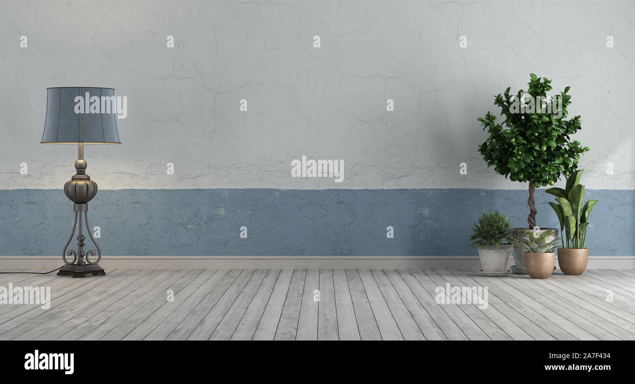 Empty retro room with blue and white old room,floor lamp and plants - 3d rendering Stock Photo