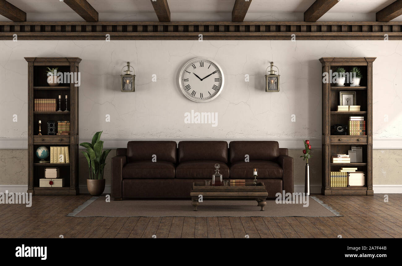 Retro style living room with leather sofa and wooden bookcase - 3d rendering Stock Photo