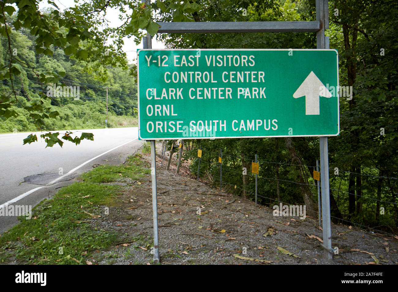 roadsign for y-12 national security complex visitors center clark center park ornl and orise south campus oak ridge tennessee USA Stock Photo