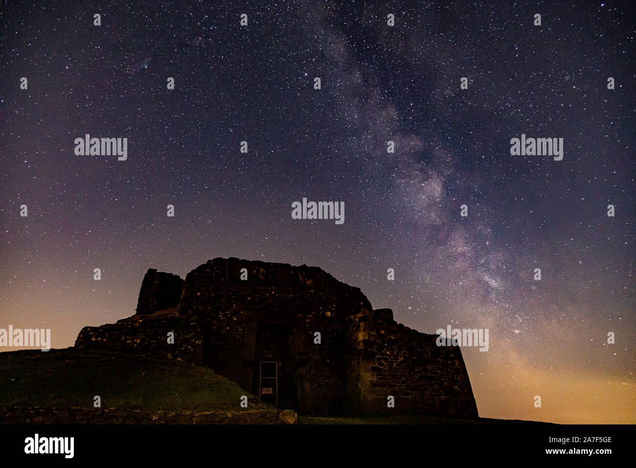Milky way over the Jubilee tower, Moel Famau, Clwydian Range, North Wales Stock Photo