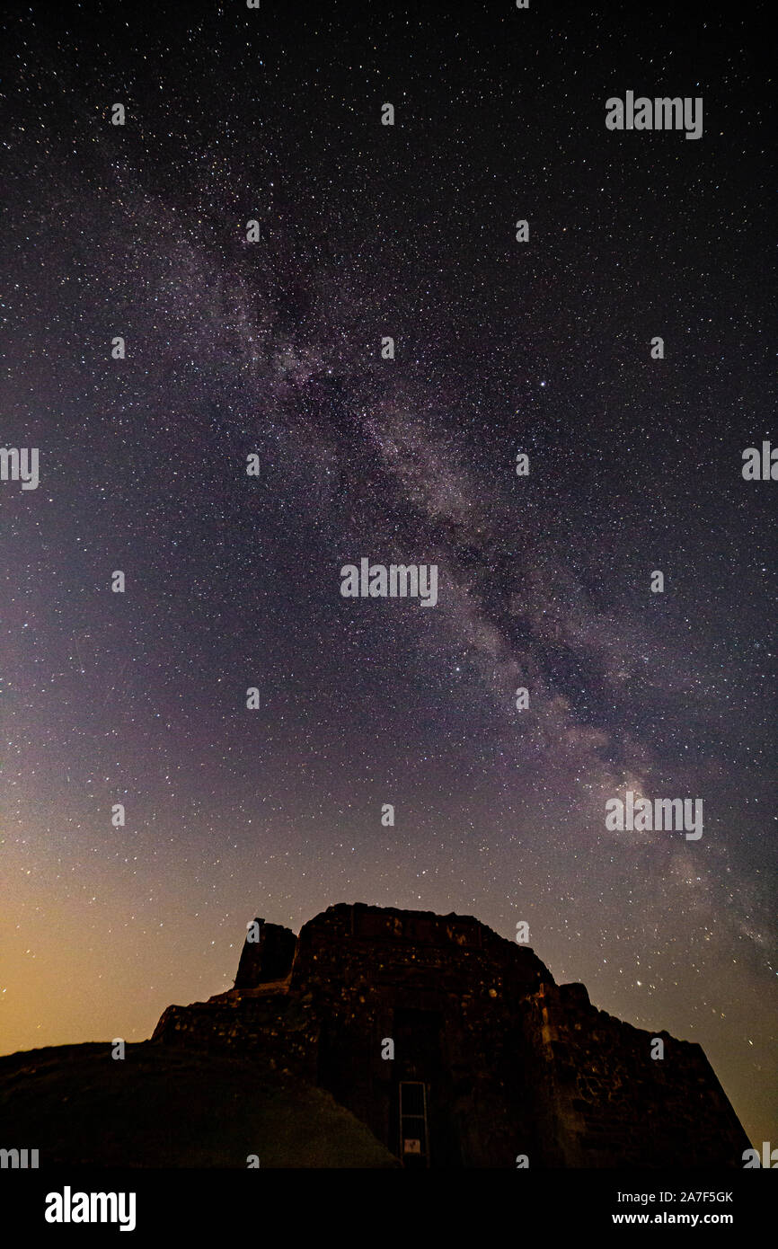 Milky way over the Jubilee tower, Moel Famau, Clwydian Range, North Wales Stock Photo