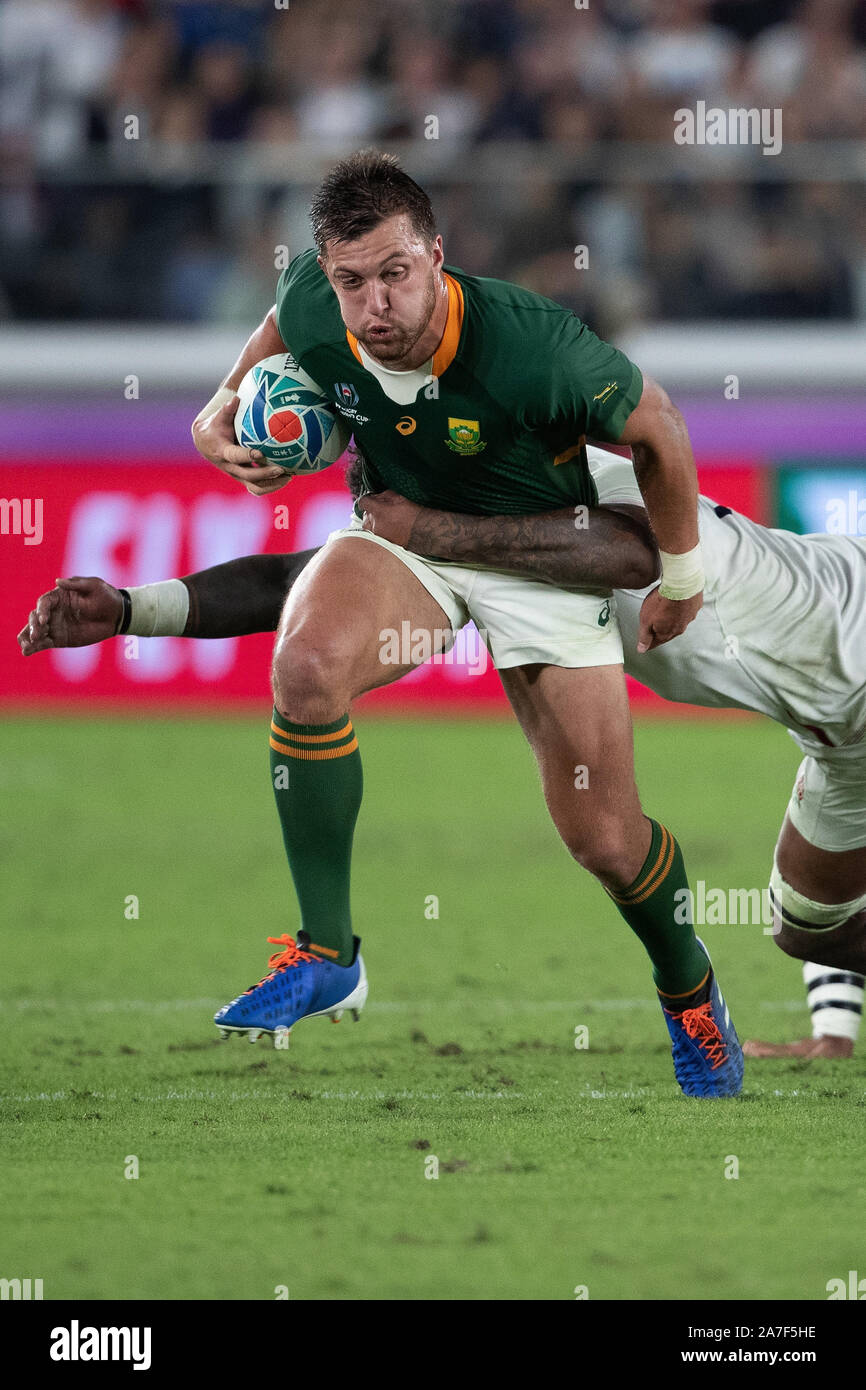 Yokohama, Japan. 2nd Nov 2019. Handre Pollard of South Africa is tacked by Courtney Lawes of England during the Rugby World Cup final match between England and South Africa at the International Stadium Yokohama, Japan, on November 2, 2019. FLORENCIA TAN JUN/ESPA Credit: European Sports Photographic Agency/Alamy Live News Stock Photo