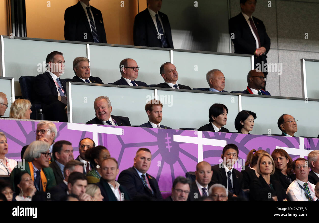 The Duke of Sussex (centre) sits alongside World Rugby Chairman Bill Beaumont (centre left) during the 2019 Rugby World Cup final match at Yokohama Stadium. Stock Photo