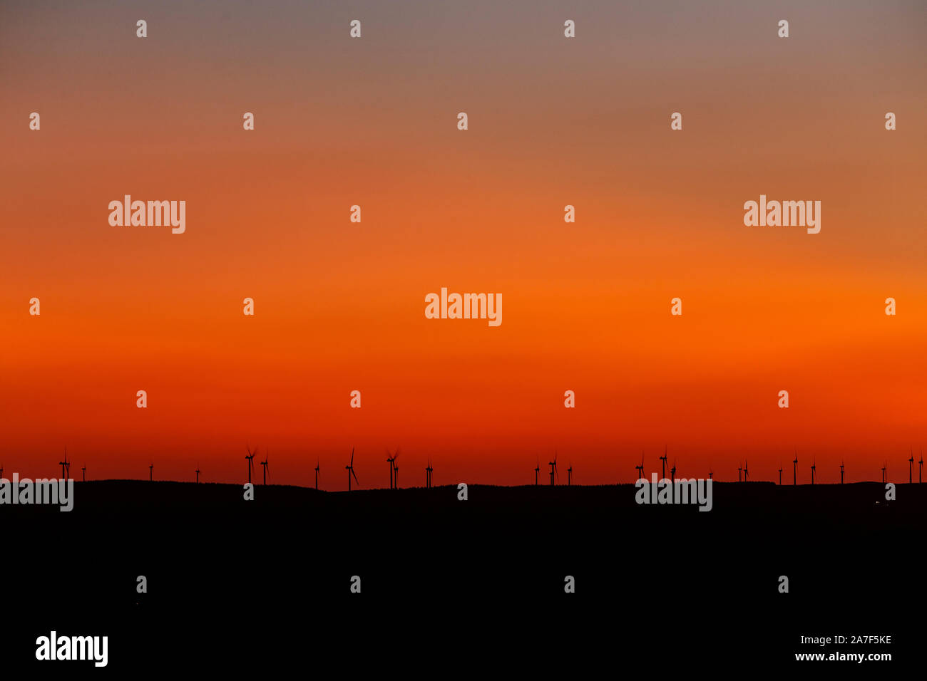 Clocaenog wind farm at dusk, North Wales Stock Photo