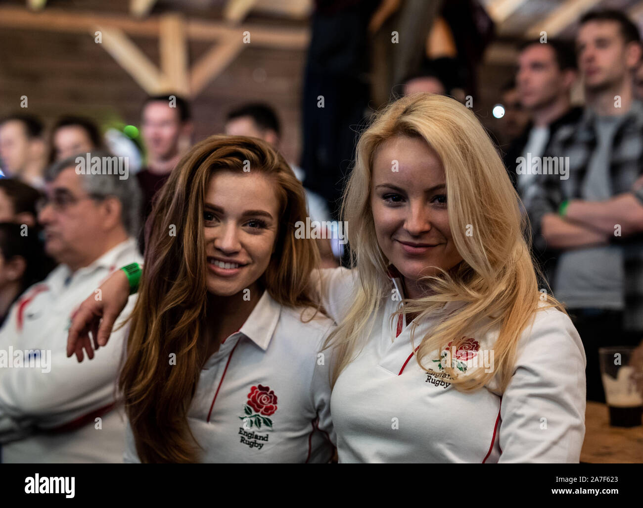 England fans watching the Rugby World Cup final Screening at Flat Iron Square, London. Stock Photo