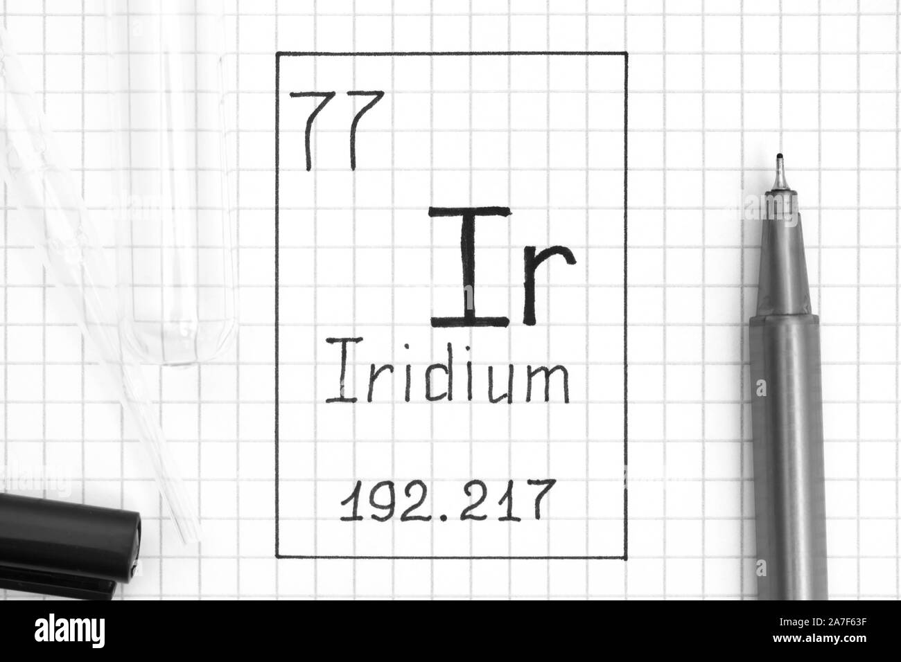 The Periodic table of elements. Handwriting chemical element Iridium Ir with black pen, test tube and pipette. Close-up. Stock Photo