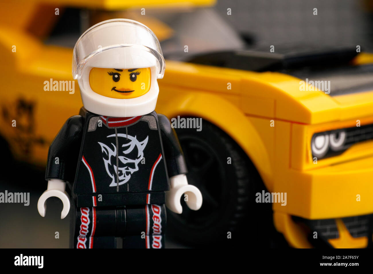 Tambov, Russian Federation - April 21, 2019 Lego 2018 Dodge Challenger SRT  Demon driver minifigure by LEGO Speed Champions against his car Stock Photo  - Alamy