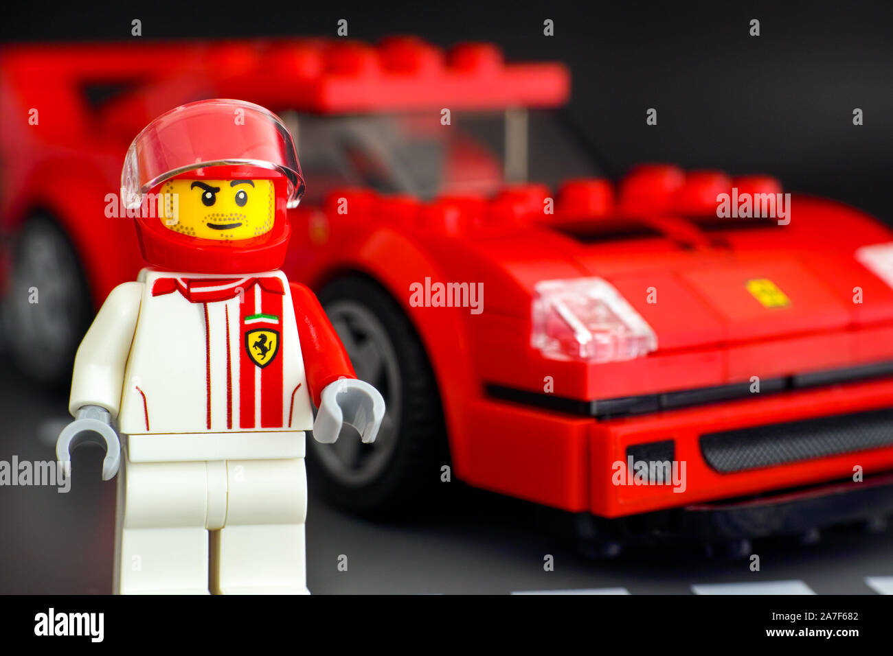 Tambov, Russian Federation - July 02, 2019 Lego Ferrari F40 Competizione  driver minifigure against his car by LEGO Speed Champions. Road baseplate  bac Stock Photo - Alamy