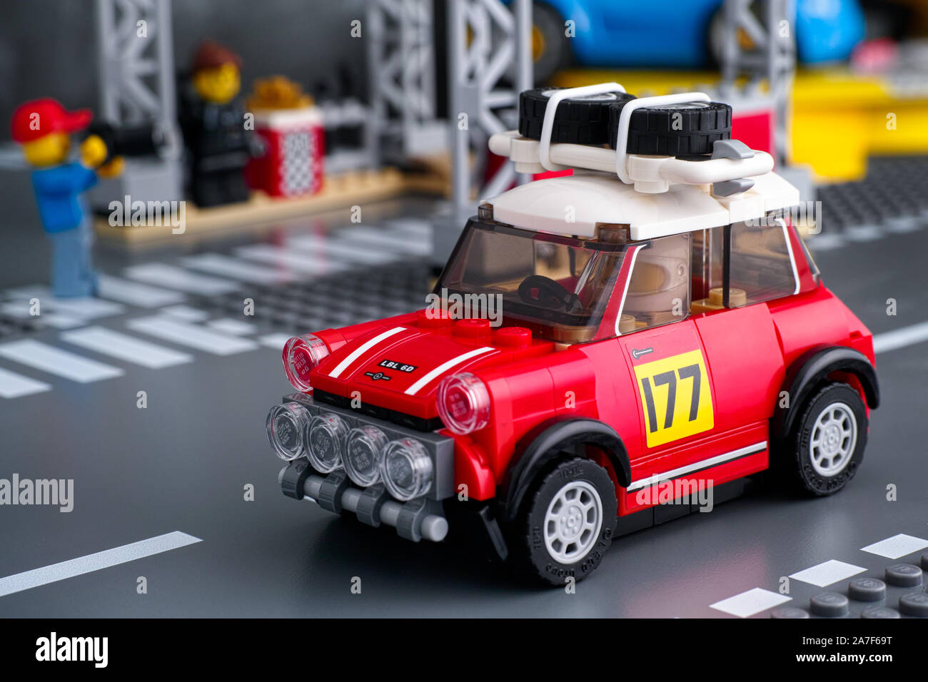 Tambov, Russian Federation - August 18, 2019 Lego 1967 Mini Cooper S Rally  car by LEGO Speed Champions on road baseplate near pit stop station Stock  Photo - Alamy