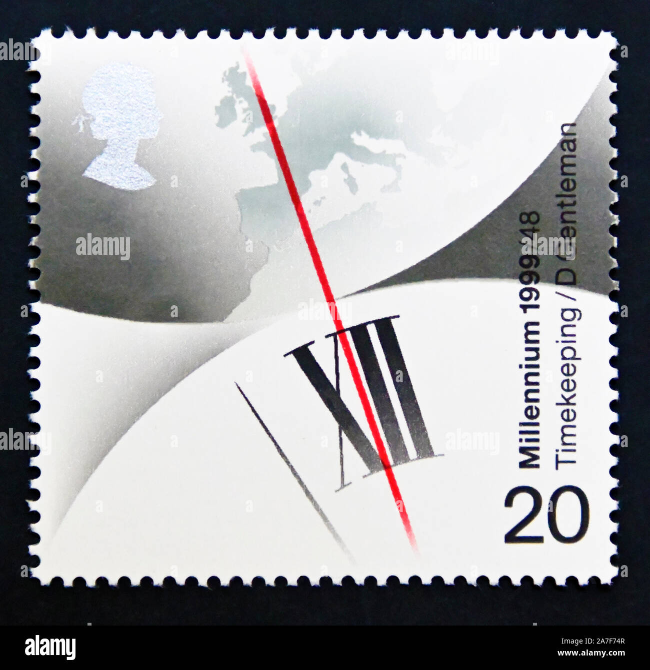 Postage stamp. Great Britain. Queen Elizabeth II. Millennium Series. The Inventors' Tale. Greenwich Meridian and Clock (John Harrison's Chronometer). Stock Photo